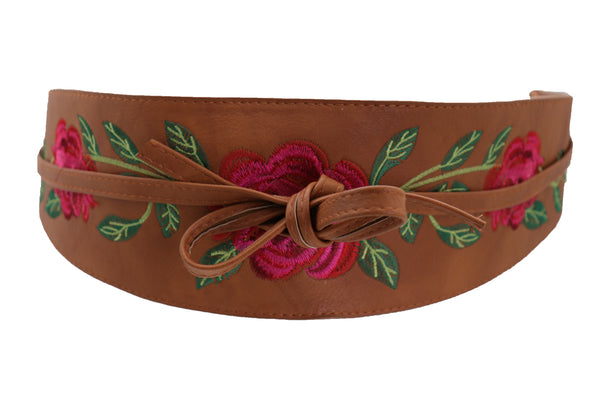 Brand New Women Wide Brown Faux Leather Wrap Asian Fashion Kimono Tie Belt Red Flowers S M