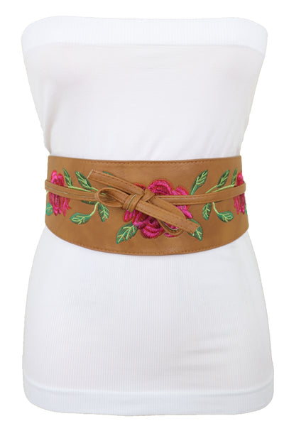 Brand New Women Wide Brown Faux Leather Wrap Asian Fashion Kimono Tie Belt Red Flowers S M