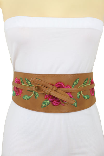 Brand New Women Wide Brown Faux Leather Wrap Asian Fashion Kimono Tie Belt Red Flowers S M