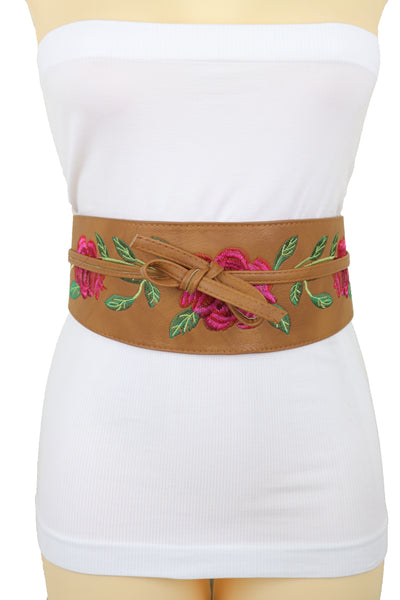 Brand New Women Wide Brown Faux Leather Wrap Asian Fashion Kimono Tie Belt Red Flowers S M