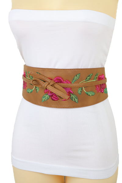 Brand New Women Wide Brown Faux Leather Wrap Asian Fashion Kimono Tie Belt Red Flowers S M