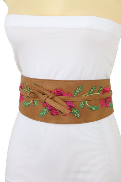 Brand New Women Wide Brown Faux Leather Wrap Asian Fashion Kimono Tie Belt Red Flowers S M