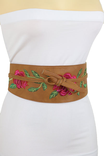 Brand New Women Wide Brown Faux Leather Wrap Asian Fashion Kimono Tie Belt Red Flowers S M
