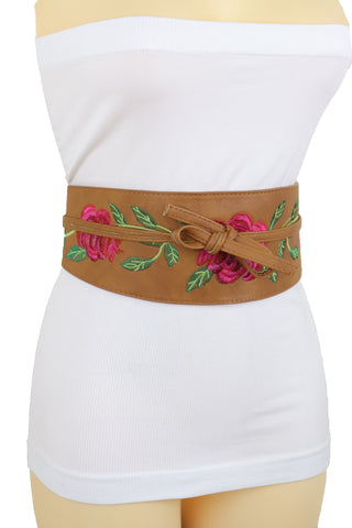 Brand New Women Wide Brown Faux Leather Wrap Asian Fashion Kimono Tie Belt Red Flowers S M