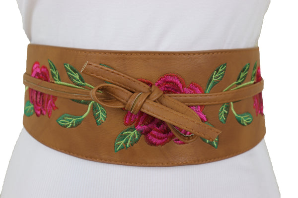 Brand New Women Wide Brown Faux Leather Wrap Asian Fashion Kimono Tie Belt Red Flowers S M