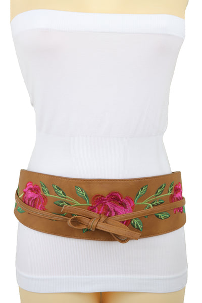 Brand New Women Wide Brown Faux Leather Wrap Asian Fashion Kimono Tie Belt Red Flowers S M