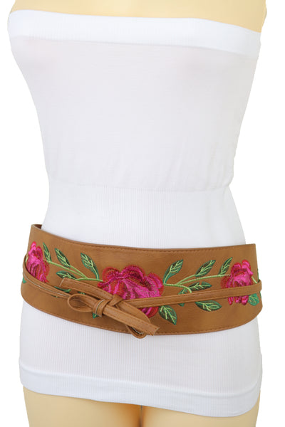 Brand New Women Wide Brown Faux Leather Wrap Asian Fashion Kimono Tie Belt Red Flowers S M