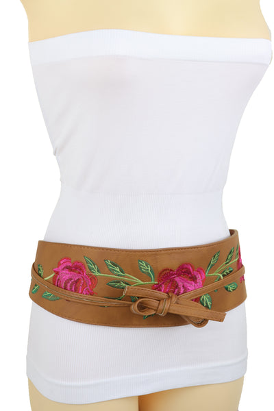 Brand New Women Wide Brown Faux Leather Wrap Asian Fashion Kimono Tie Belt Red Flowers S M