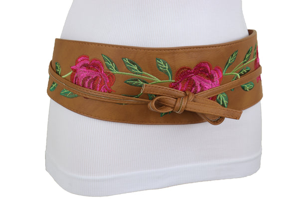 Brand New Women Wide Brown Faux Leather Wrap Asian Fashion Kimono Tie Belt Red Flowers S M