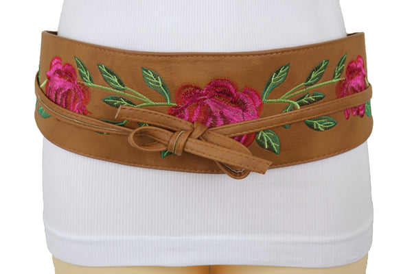 Brand New Women Wide Brown Faux Leather Wrap Asian Fashion Kimono Tie Belt Red Flowers S M