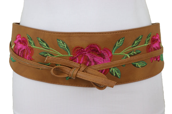 Brand New Women Wide Brown Faux Leather Wrap Asian Fashion Kimono Tie Belt Red Flowers S M