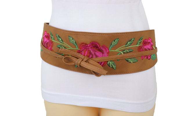 Brand New Women Wide Brown Faux Leather Wrap Asian Fashion Kimono Tie Belt Red Flowers S M