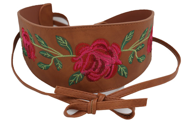 Brand New Women Wide Brown Faux Leather Wrap Asian Fashion Kimono Tie Belt Red Flowers S M