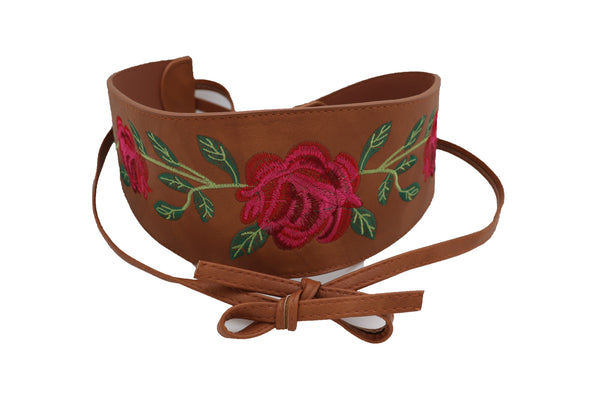 Brand New Women Wide Brown Faux Leather Wrap Asian Fashion Kimono Tie Belt Red Flowers S M