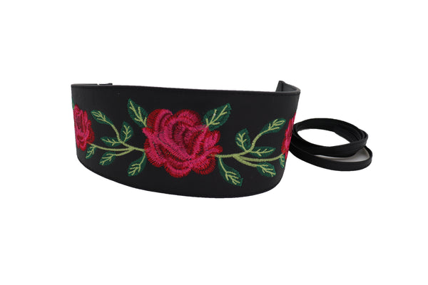 Brand New Women Black Faux Leather Kimono Tie Wrap Asian Style Belt Red Rose Flower S M