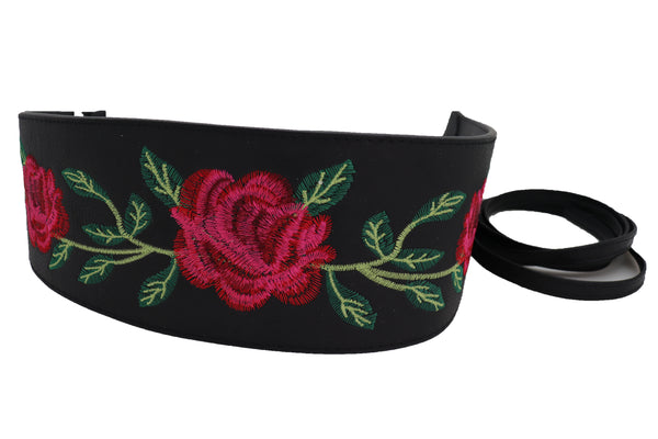 Brand New Women Black Faux Leather Kimono Tie Wrap Asian Style Belt Red Rose Flower S M