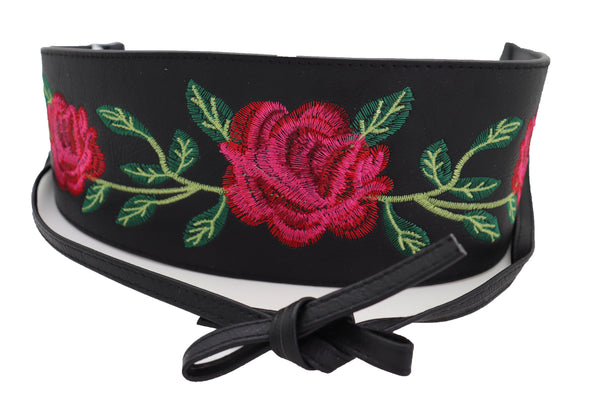 Brand New Women Black Faux Leather Kimono Tie Wrap Asian Style Belt Red Rose Flower S M