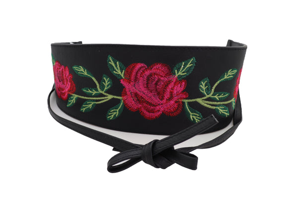 Brand New Women Black Faux Leather Kimono Tie Wrap Asian Style Belt Red Rose Flower S M