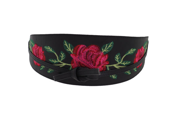 Brand New Women Black Faux Leather Kimono Tie Wrap Asian Style Belt Red Rose Flower S M