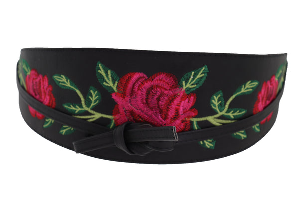 Brand New Women Black Faux Leather Kimono Tie Wrap Asian Style Belt Red Rose Flower S M