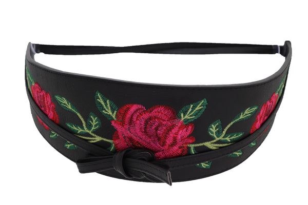 Brand New Women Black Faux Leather Kimono Tie Wrap Asian Style Belt Red Rose Flower S M