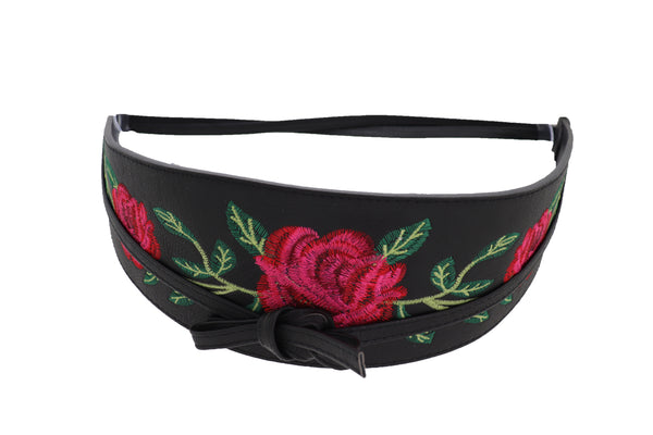 Brand New Women Black Faux Leather Kimono Tie Wrap Asian Style Belt Red Rose Flower S M