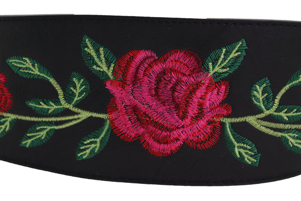 Brand New Women Black Faux Leather Kimono Tie Wrap Asian Style Belt Red Rose Flower S M