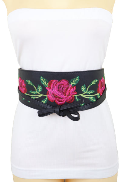 Brand New Women Black Faux Leather Kimono Tie Wrap Asian Style Belt Red Rose Flower S M