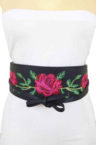 Brand New Women Black Faux Leather Kimono Tie Wrap Asian Style Belt Red Rose Flower S M