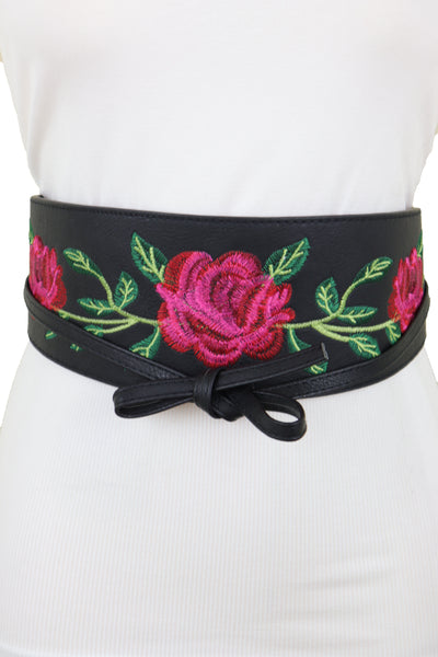 Brand New Women Black Faux Leather Kimono Tie Wrap Asian Style Belt Red Rose Flower S M