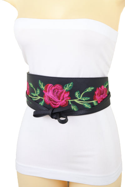 Brand New Women Black Faux Leather Kimono Tie Wrap Asian Style Belt Red Rose Flower S M