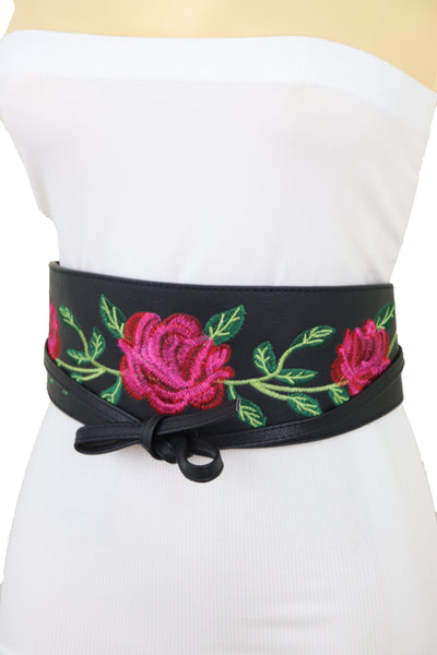 Brand New Women Black Faux Leather Kimono Tie Wrap Asian Style Belt Red Rose Flower S M