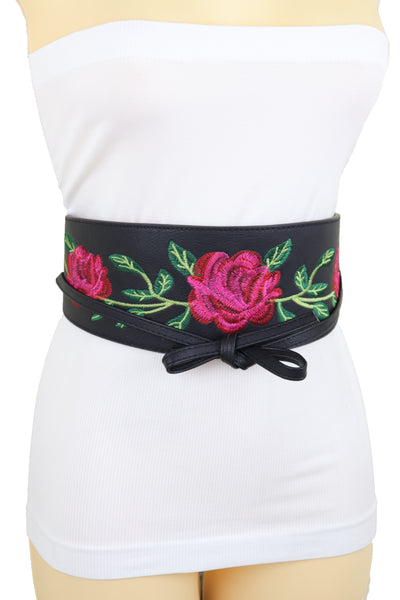 Brand New Women Black Faux Leather Kimono Tie Wrap Asian Style Belt Red Rose Flower S M