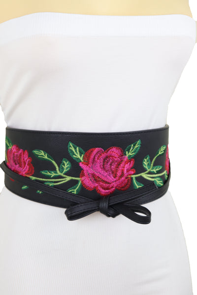 Brand New Women Black Faux Leather Kimono Tie Wrap Asian Style Belt Red Rose Flower S M