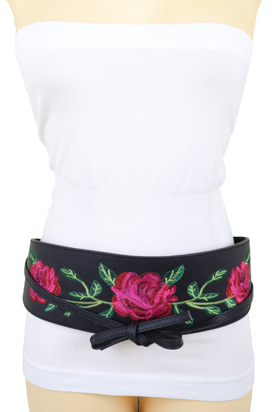 Brand New Women Black Faux Leather Kimono Tie Wrap Asian Style Belt Red Rose Flower S M