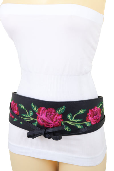 Brand New Women Black Faux Leather Kimono Tie Wrap Asian Style Belt Red Rose Flower S M