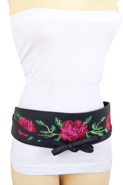 Brand New Women Black Faux Leather Kimono Tie Wrap Asian Style Belt Red Rose Flower S M