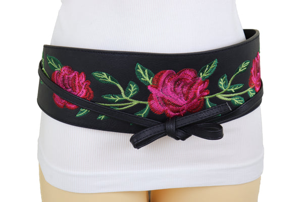 Brand New Women Black Faux Leather Kimono Tie Wrap Asian Style Belt Red Rose Flower S M
