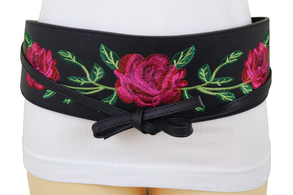 Brand New Women Black Faux Leather Kimono Tie Wrap Asian Style Belt Red Rose Flower S M