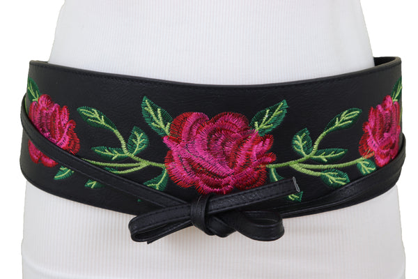 Brand New Women Black Faux Leather Kimono Tie Wrap Asian Style Belt Red Rose Flower S M