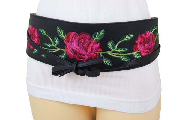 Brand New Women Black Faux Leather Kimono Tie Wrap Asian Style Belt Red Rose Flower S M