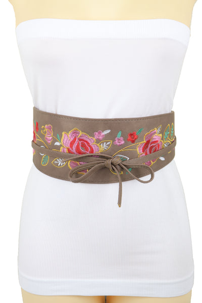 Brand New Women Taupe Beige High Waist Wide Faux Leather Wrap Around Tie Belt Flowers S M