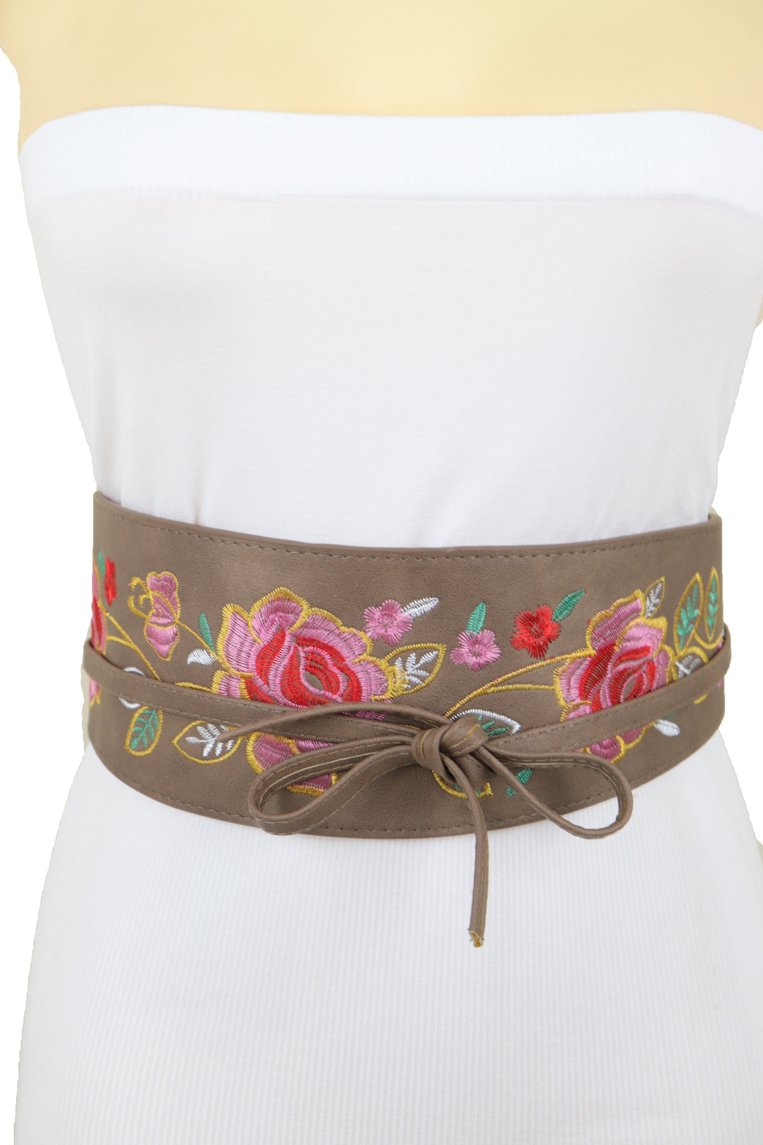 Taupe Beige High Waist Wide Faux Leather Wrap Around Tie Belt Flowers ...