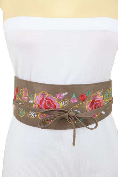 Brand New Women Taupe Beige High Waist Wide Faux Leather Wrap Around Tie Belt Flowers S M