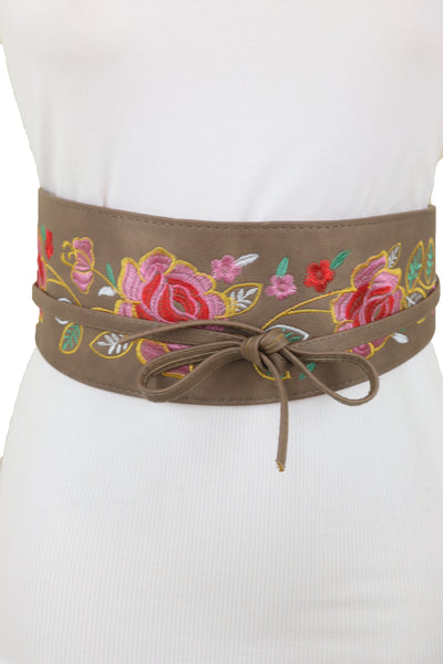 Brand New Women Taupe Beige High Waist Wide Faux Leather Wrap Around Tie Belt Flowers S M