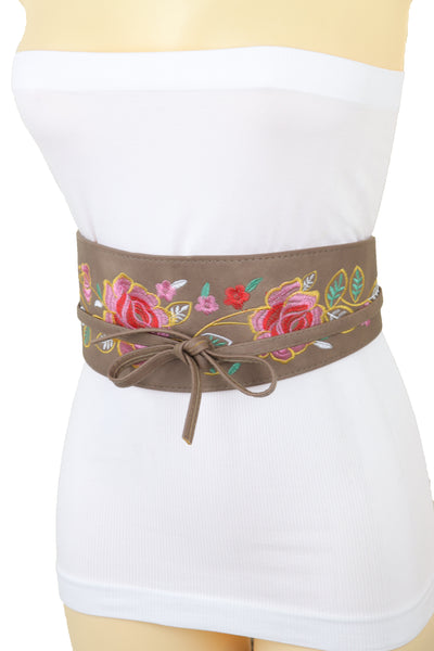 Brand New Women Taupe Beige High Waist Wide Faux Leather Wrap Around Tie Belt Flowers S M