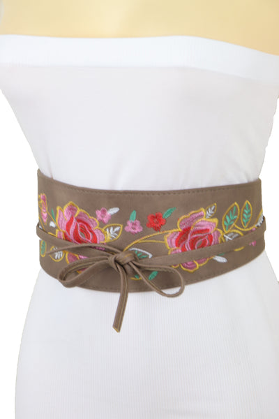 Brand New Women Taupe Beige High Waist Wide Faux Leather Wrap Around Tie Belt Flowers S M