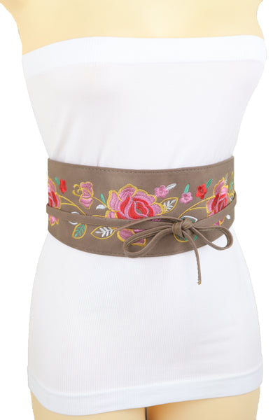 Brand New Women Taupe Beige High Waist Wide Faux Leather Wrap Around Tie Belt Flowers S M