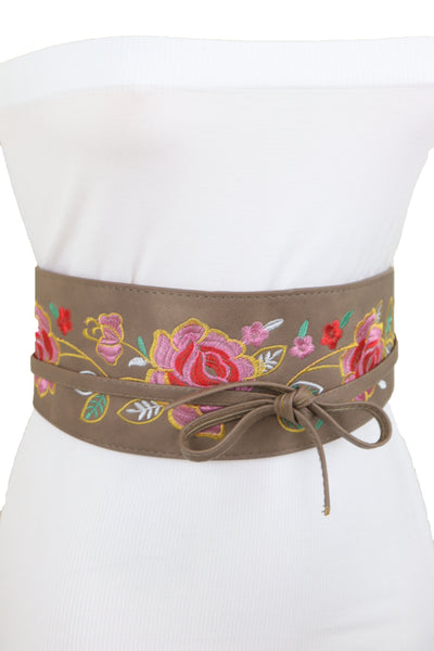 Brand New Women Taupe Beige High Waist Wide Faux Leather Wrap Around Tie Belt Flowers S M