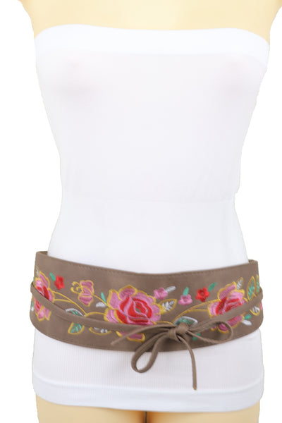 Brand New Women Taupe Beige High Waist Wide Faux Leather Wrap Around Tie Belt Flowers S M
